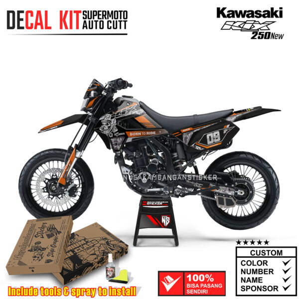 Decal Kit Supermoto Dirtbike Kawasaki Klx 250 New Head Skull Black Strip Orange