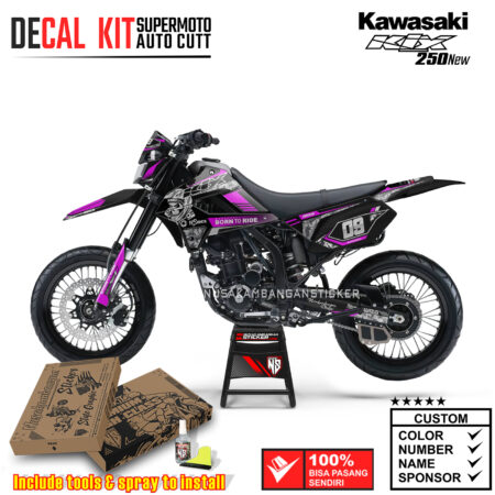 Decal Kit Supermoto Dirtbike Kawasaki Klx 250 New Head Skull Black Strip magenta