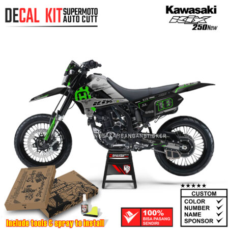 Decal Kit Supermoto Dirtbike Kawasaki Klx 250 New Milwke Grey Black Strip Green