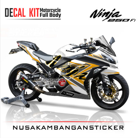 Decal Stiker Kawasaki Ninja 250 Fi-PUTIH GRAFIS KUNING KARBON Sticker Full Body
