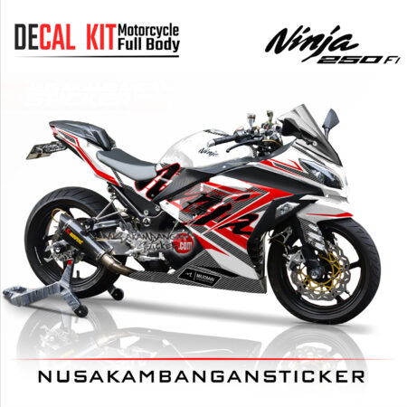 Decal Stiker Kawasaki Ninja 250 Fi-PUTIH GRAFIS MERAH KARBON Sticker Full Body