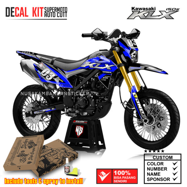 DECAL KIT STICKER KAWASAKI KLX 150 BF SUPERMOTO GRAFIS STRIP SILVER BIRU GRAPHIC KIT MOTOCROSS DECALS