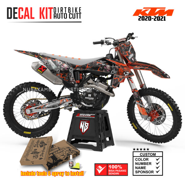 DECAL KIT STICKER SUPERMOTO DIRTBIKE KTM 2020 2021 GRAFIS HEAD DEVIL SKULL CROSS ORANGE04 GRAPHIC DECAL