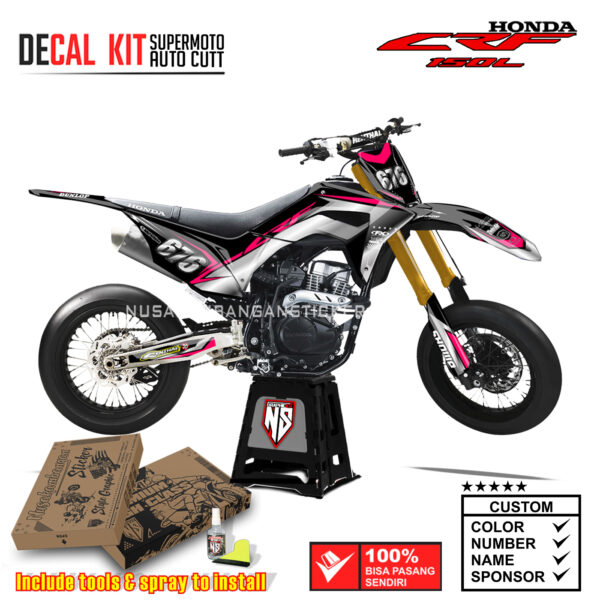 DECAL KIT STICKER SUPERMOTO HONDA CRF 150 L SILVER BLACK STRIP PINK GRAPHIC DECAL MOTOCROSS