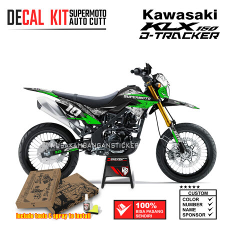 Decal Sticker Kit Supermoto Dirtbike Kawasaki KLX Dtraker 150 07 Bercak Grafis Hijau Kombinasi Putih