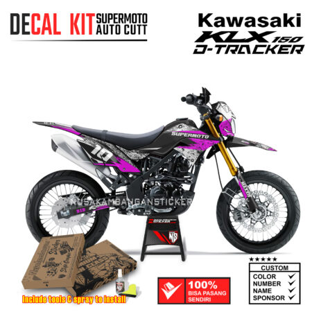 Decal Sticker Kit Supermoto Dirtbike Kawasaki KLX Dtraker 150 07 Bercak Grafis Pink Kombinasi Putih