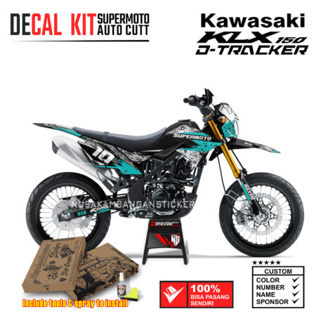 Decal Sticker Kit Supermoto Dirtbike Kawasaki KLX Dtraker 150 07 Bercak Grafis Putih Kombinasi Biru Tosca