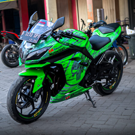 Desain Sticker Kawasaki Ninja 250 Fi Skull Hijau Abu abu Fullbody 02